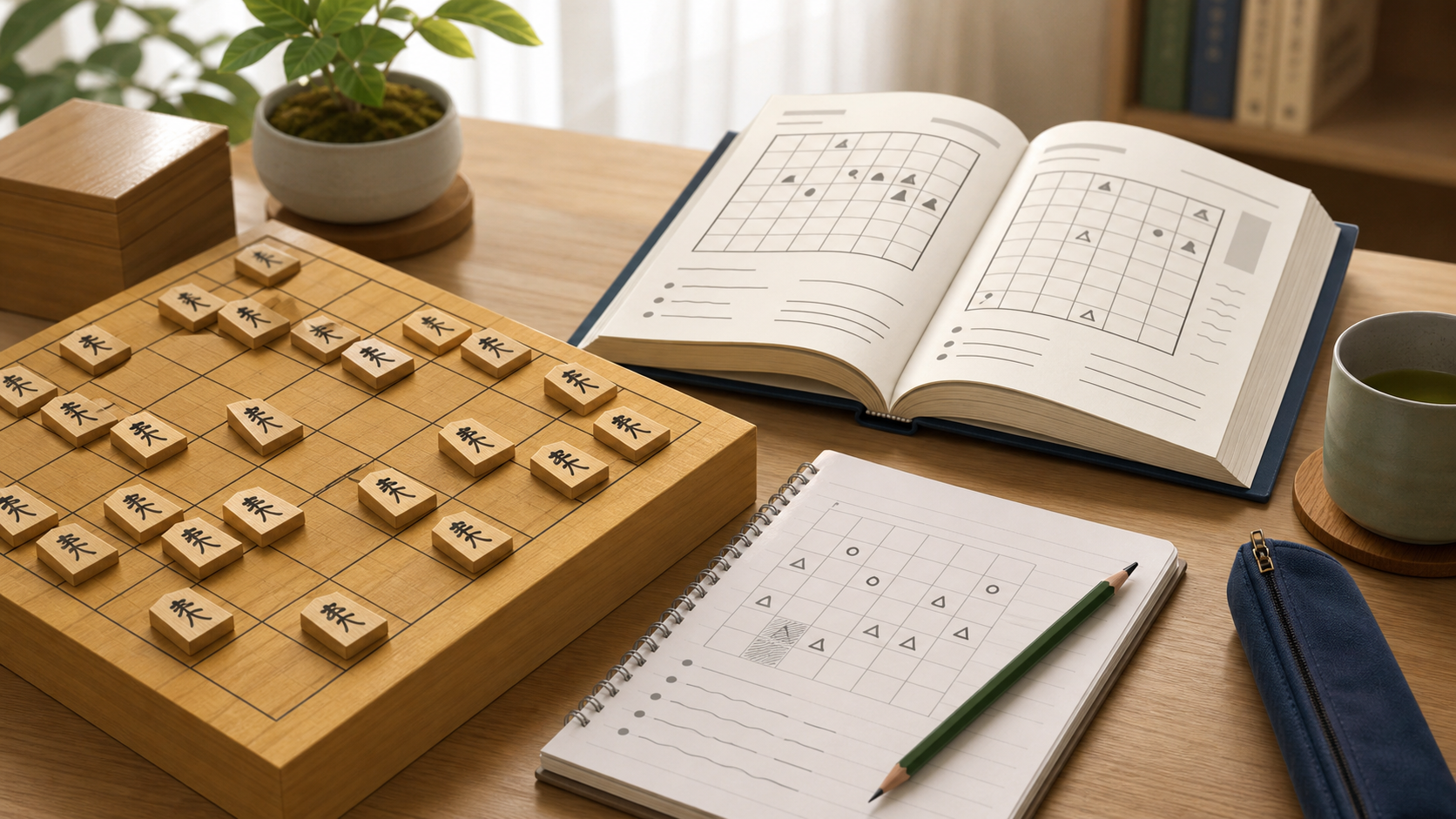 棋譜並べにおすすめの本を解説する記事のアイキャッチ。将棋盤、棋譜本、ノートを使った学習風景。
