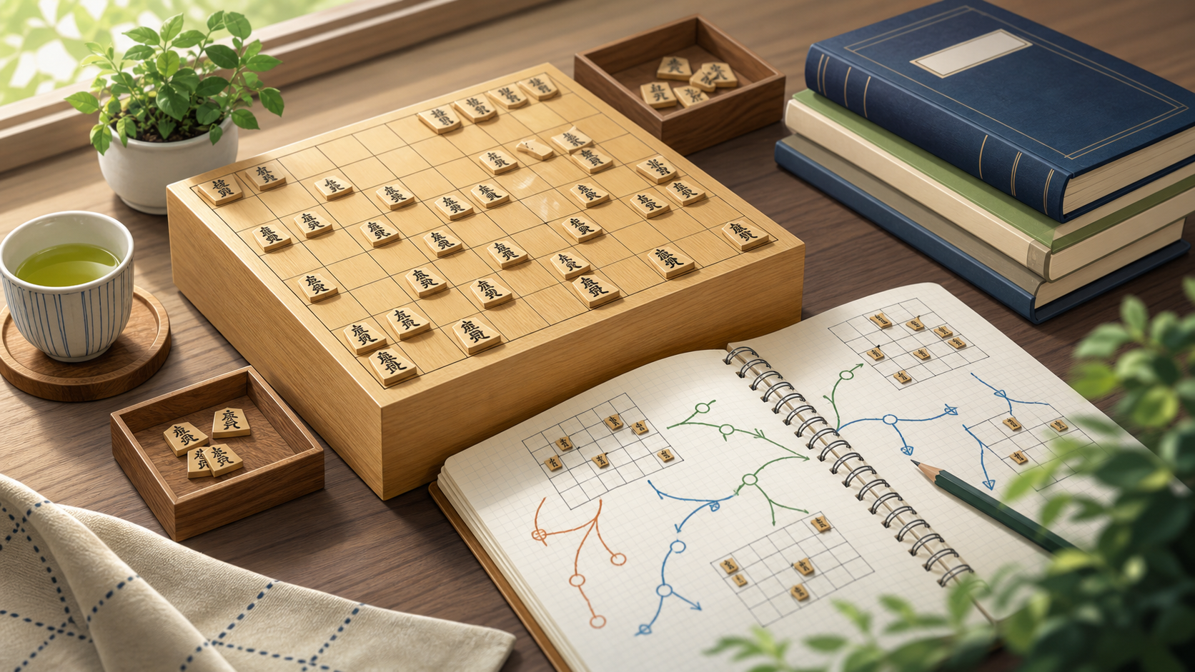 将棋の定跡の勉強法を解説する記事のアイキャッチ。将棋盤、分岐図、ノートを使った学習風景。