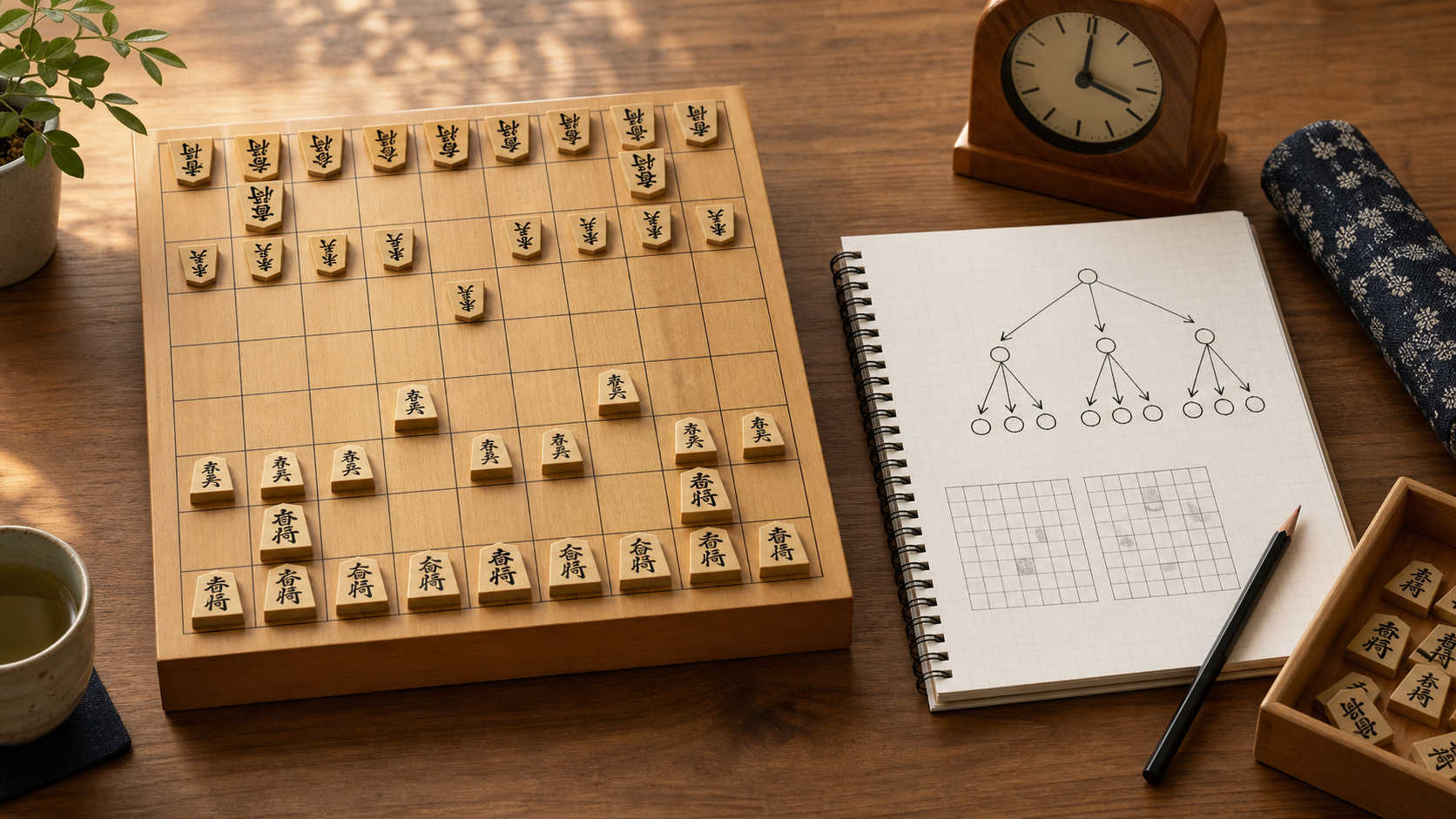 将棋の序盤の勉強法を解説する記事のアイキャッチ。序盤の盤面と学習ノート、分岐図を使った勉強風景。