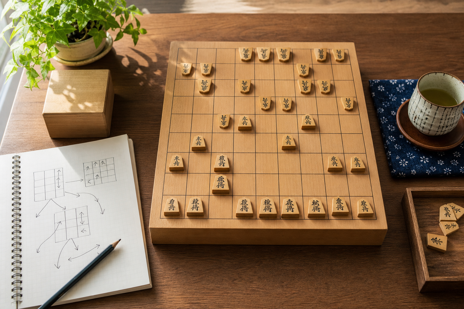 将棋で攻めが切れる理由を解説する記事のアイキャッチ。将棋盤と検討ノートで攻めのつながりを見直す学習風景。