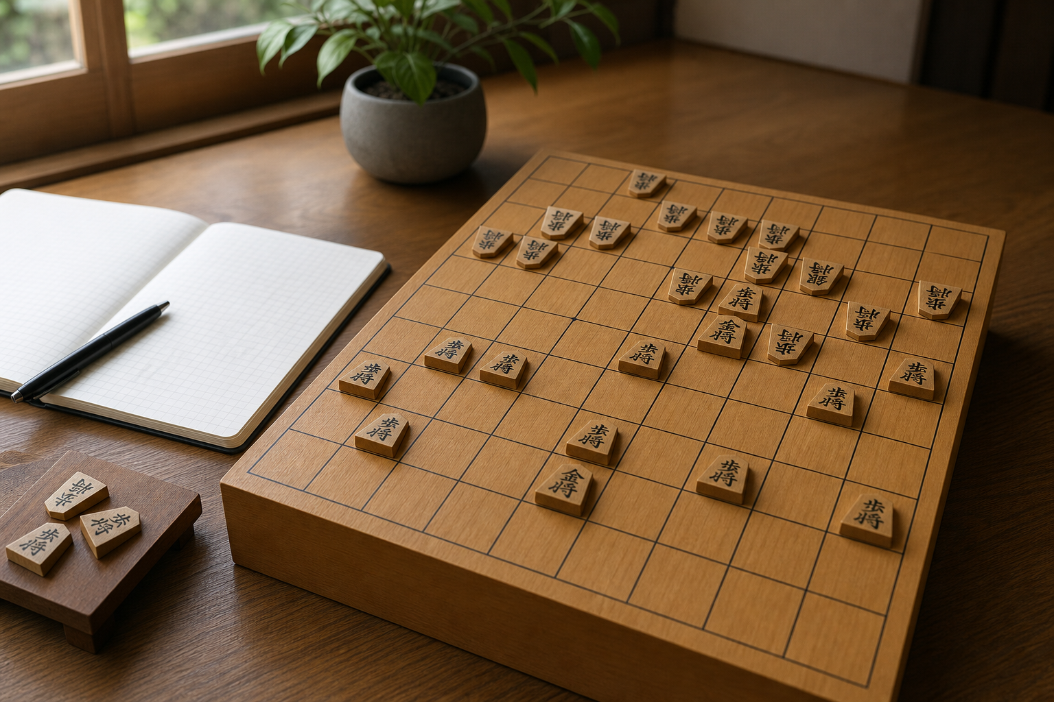 将棋で囲いが崩れる原因を解説する記事のアイキャッチ。静かな学習机の将棋盤で、守りの形に隙が生まれた局面を考える風景。