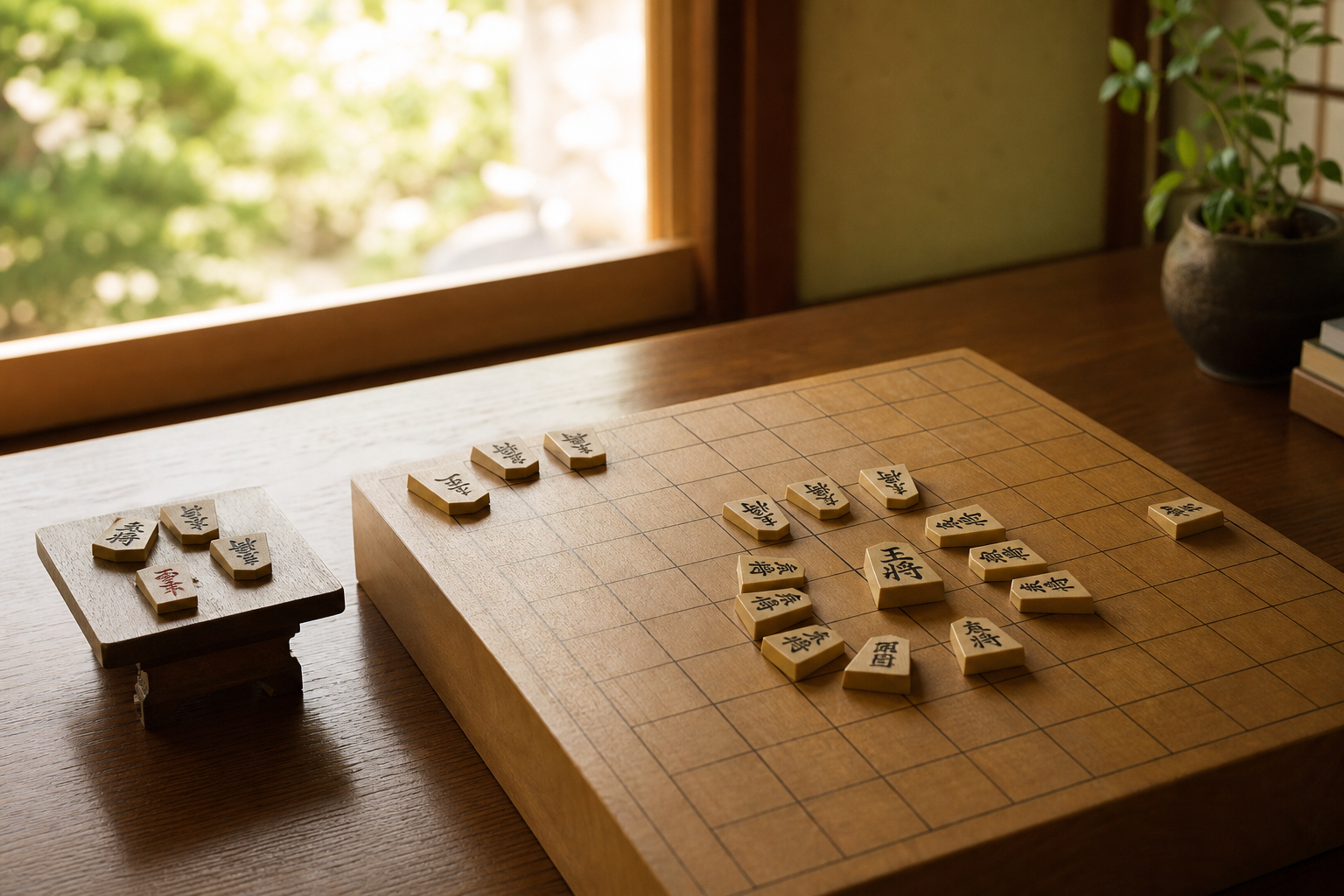 将棋の囲いを組み直す方法を解説する記事のアイキャッチ。静かな学習机の将棋盤で、崩れた囲いを金銀で立て直す場面。