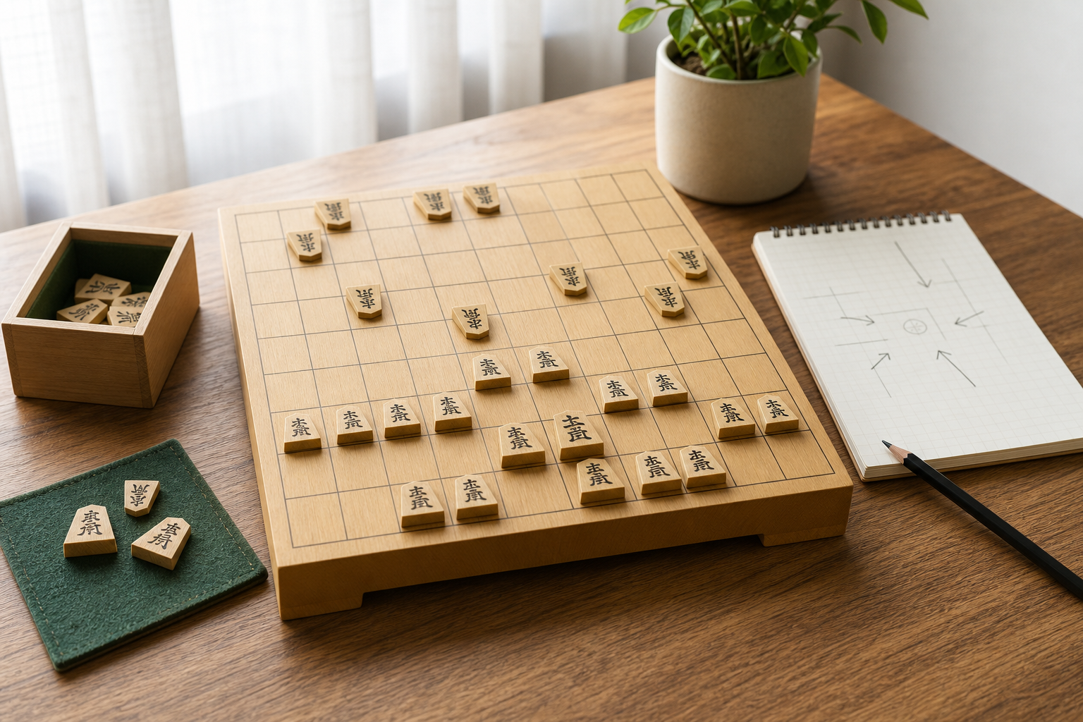 将棋の受け方を解説する記事のアイキャッチ。将棋盤と検討ノートで玉を守る形を確認する学習風景。