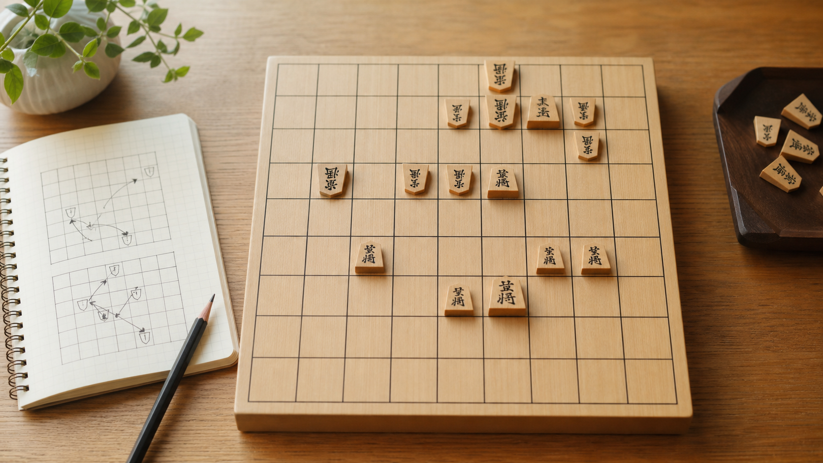 将棋の終盤の考え方を解説する記事のアイキャッチ。終盤の盤面と検討ノートを置いた学習風景。