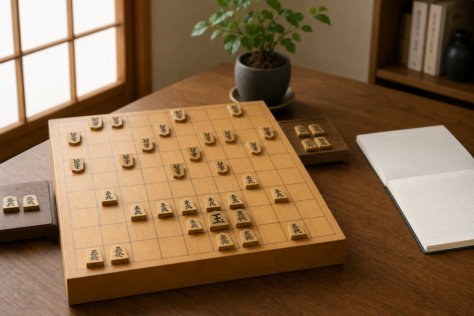 将棋で玉頭を攻められたときの受け方を解説する記事のアイキャッチ。静かな学習机の将棋盤で、玉の上側を守る受けを考える風景。