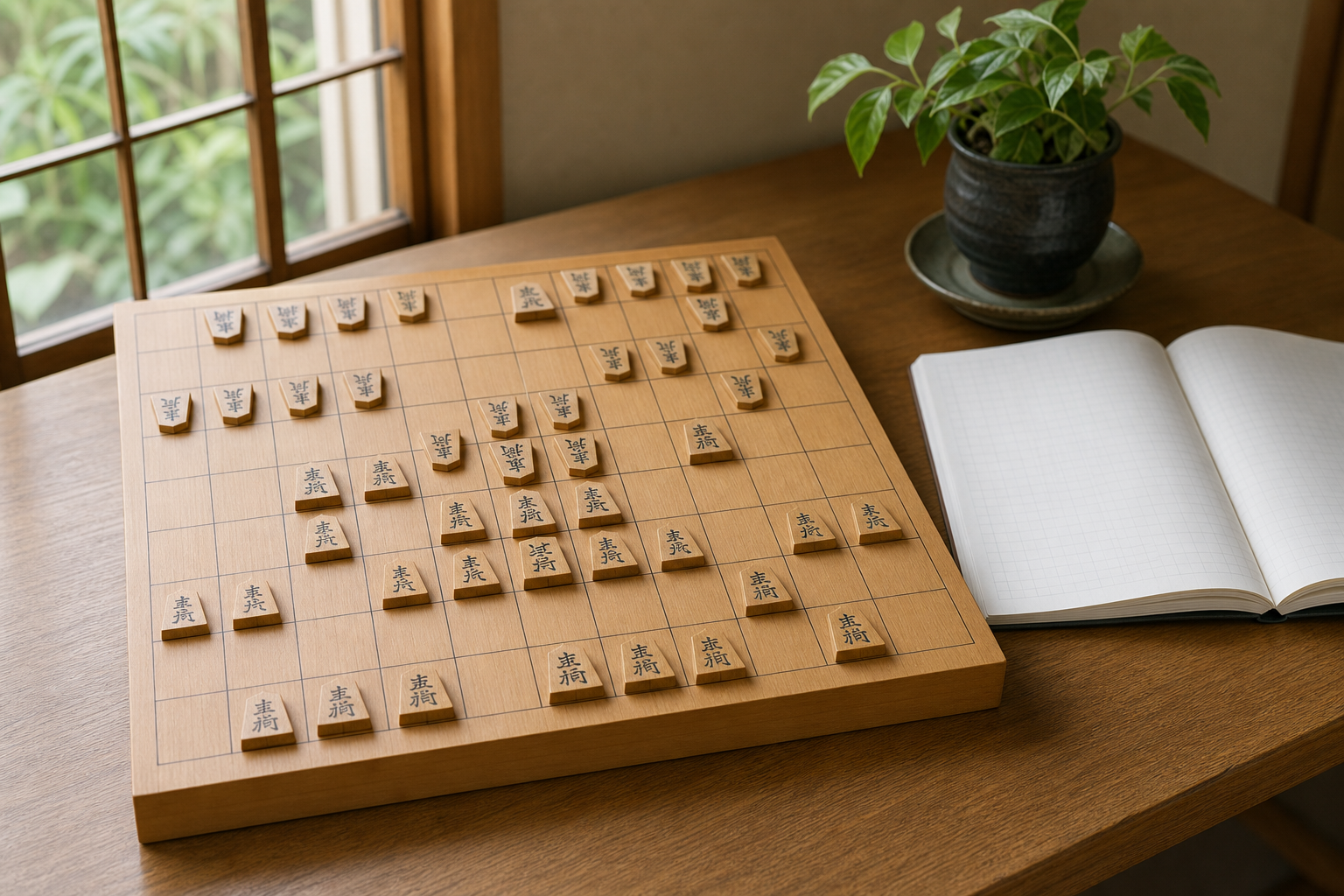 将棋で玉の安全を高める方法を解説する記事のアイキャッチ。将棋盤と学習ノートを使って玉の守りを考える静かな学習風景。