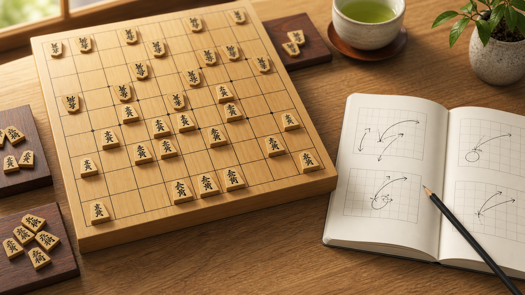 将棋の中盤の考え方を解説する記事のアイキャッチ。駒がぶつかる中盤の盤面と読み筋ノートの学習風景。
