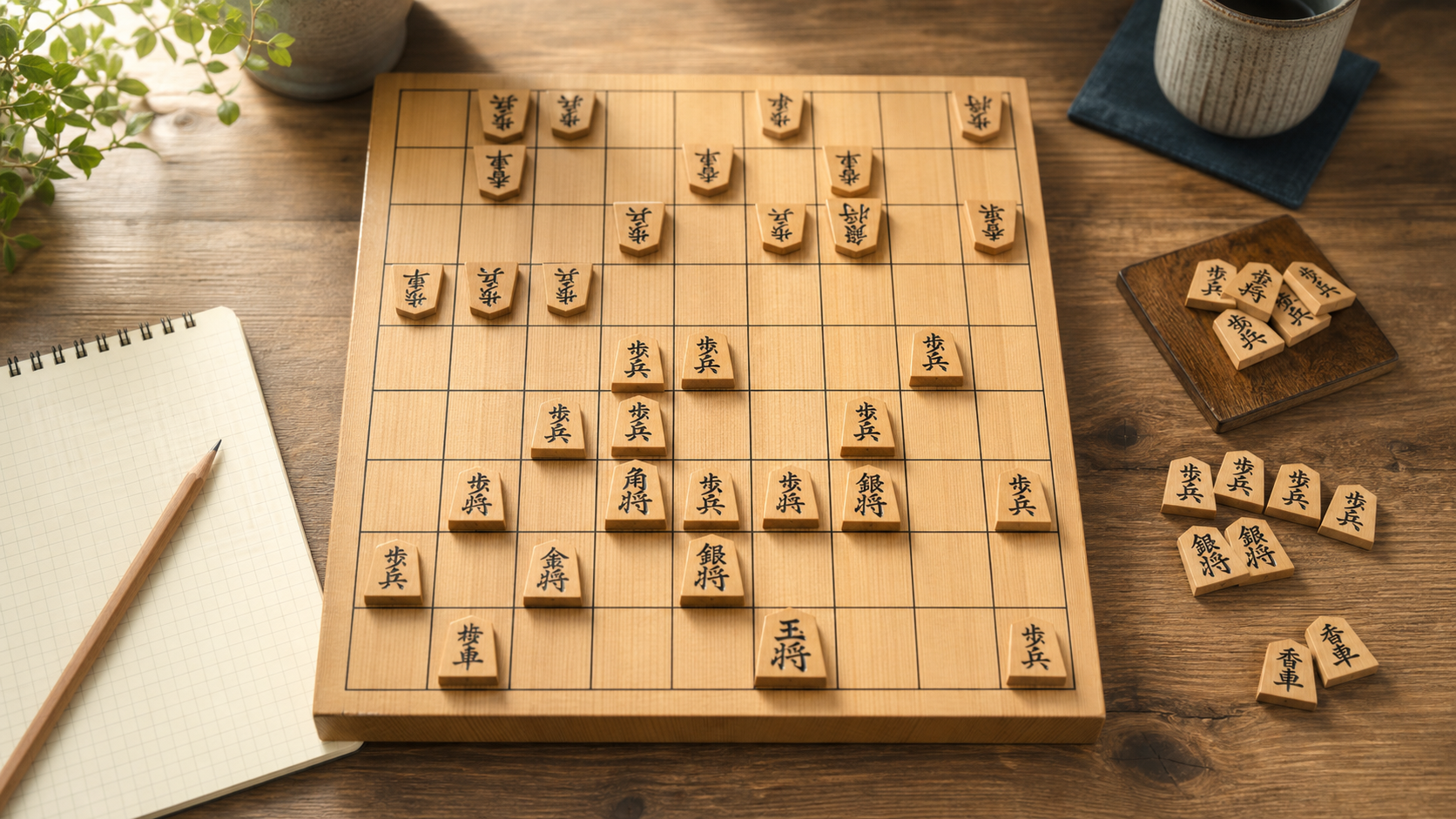 将棋の形勢判断の基本を解説する記事のアイキャッチ。盤面と持ち駒を見ながら局面を整理する学習風景。