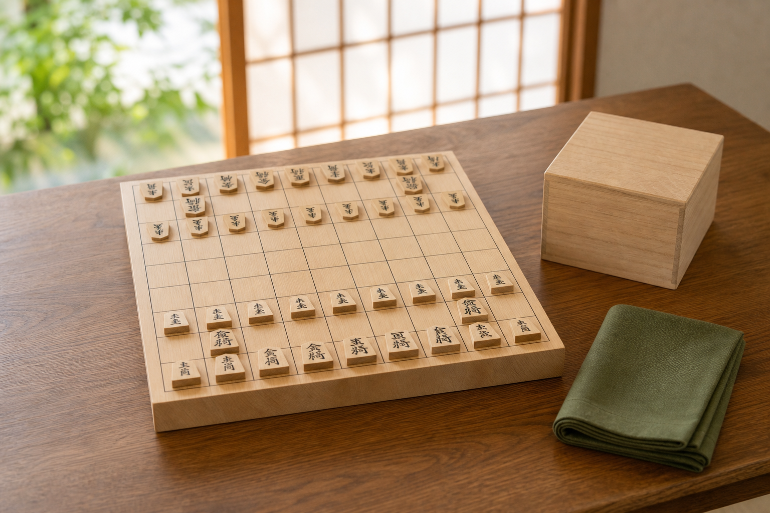 木製の将棋盤と駒箱、収納布がそろった初心者向け将棋セット