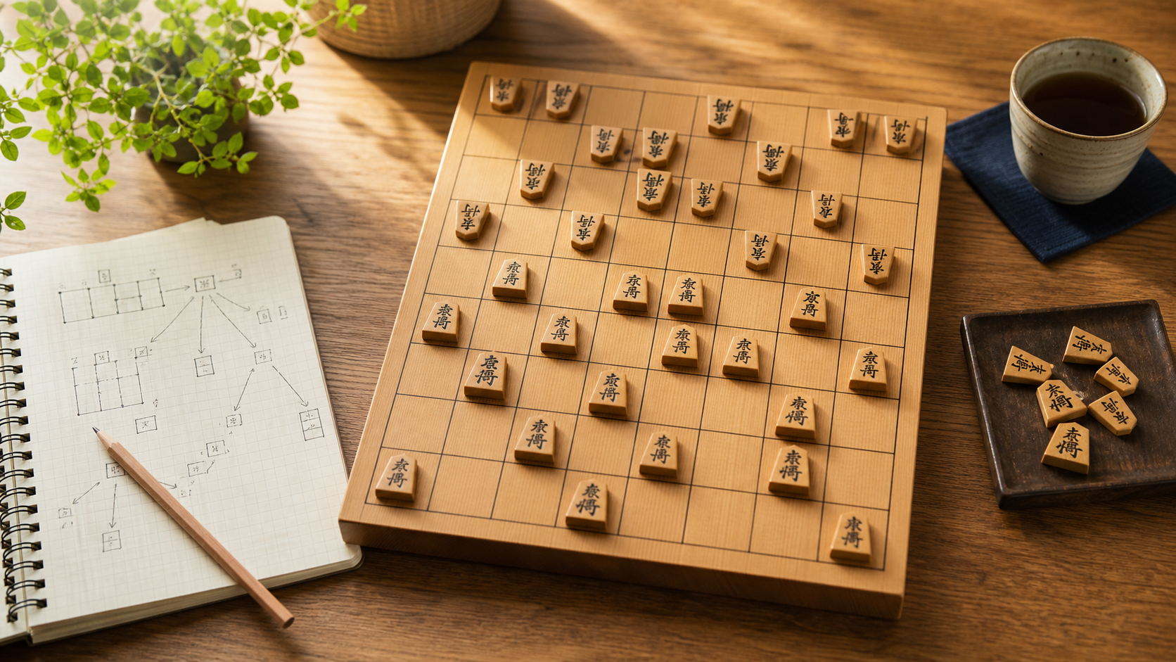 将棋の手筋の覚え方を解説する記事のアイキャッチ。将棋盤と検討ノートで手筋を学ぶ学習風景。